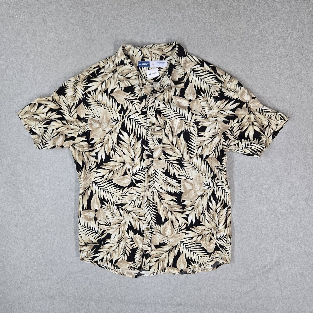 Old Navy Men Button Up Shirt XL Black Shirt Floral Everyday Shirt Stretch Hawaii